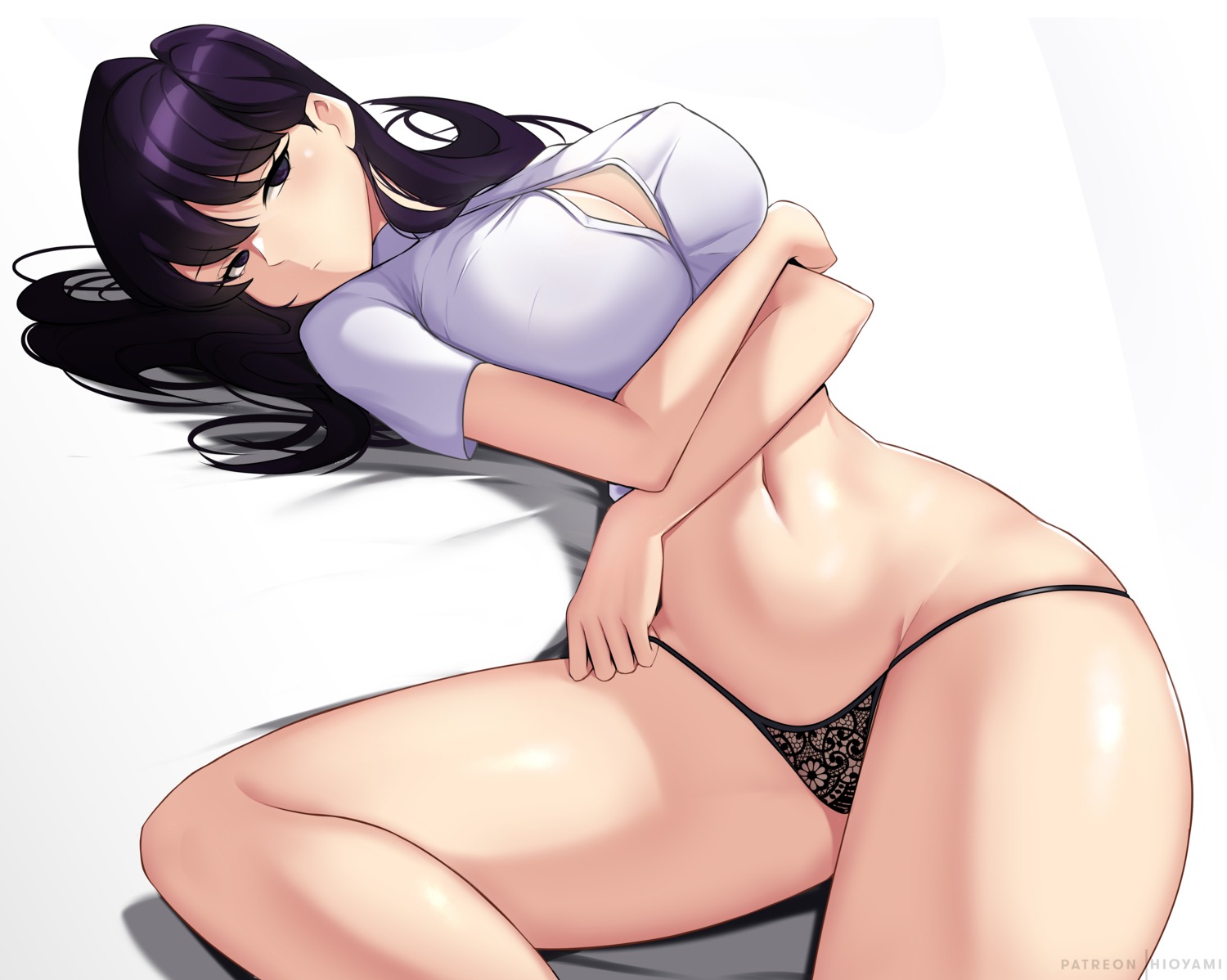 breast_hold cleavage dress_shirt erect_nipples hioyami komi-san_wa_komyushou_desu. komi_shouko no_bra open_shirt pantsu