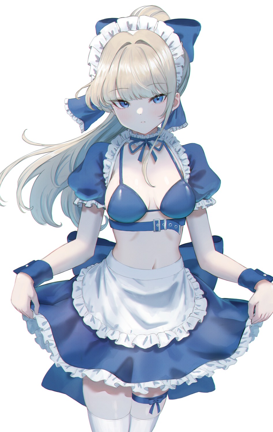 akazaki_yukino asuma_toki blue_archive bra garter halo maid skirt_lift thighhighs