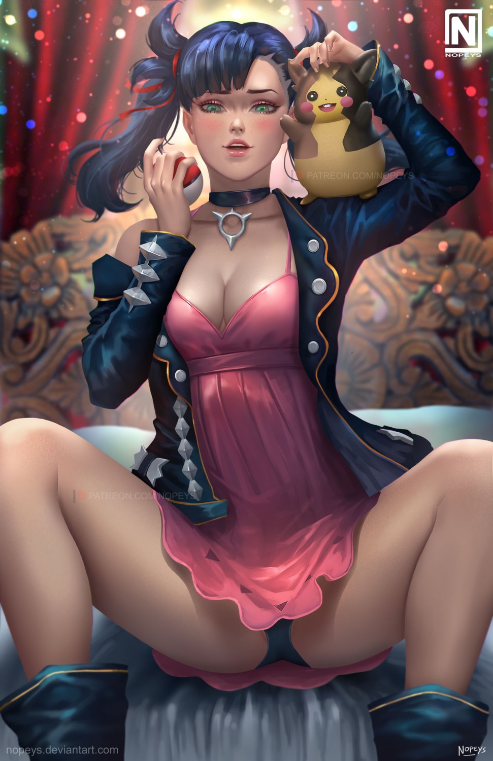 cleavage dress mary_(pokemon) morpeko no_bra nopeys official_watermark pantsu pokemon pokemon_swsh skirt_lift