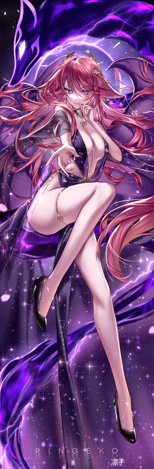 animal_ears dress garter genshin_impact heels kitsune no_bra ringeko-chan tail yae_miko