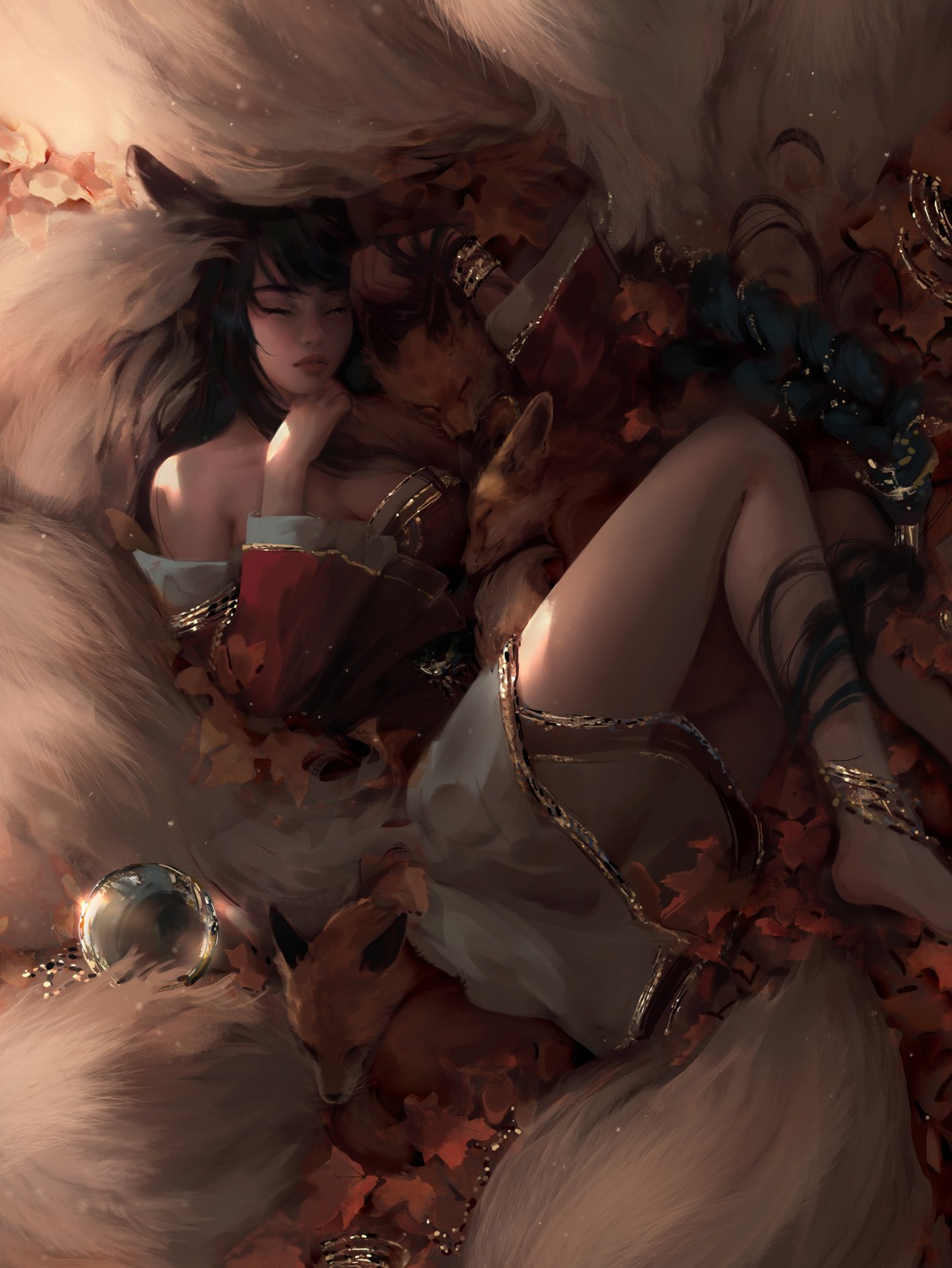 ahri animal_ears japanese_clothes kitsune league_of_legends nixeu no_bra skirt_lift tail