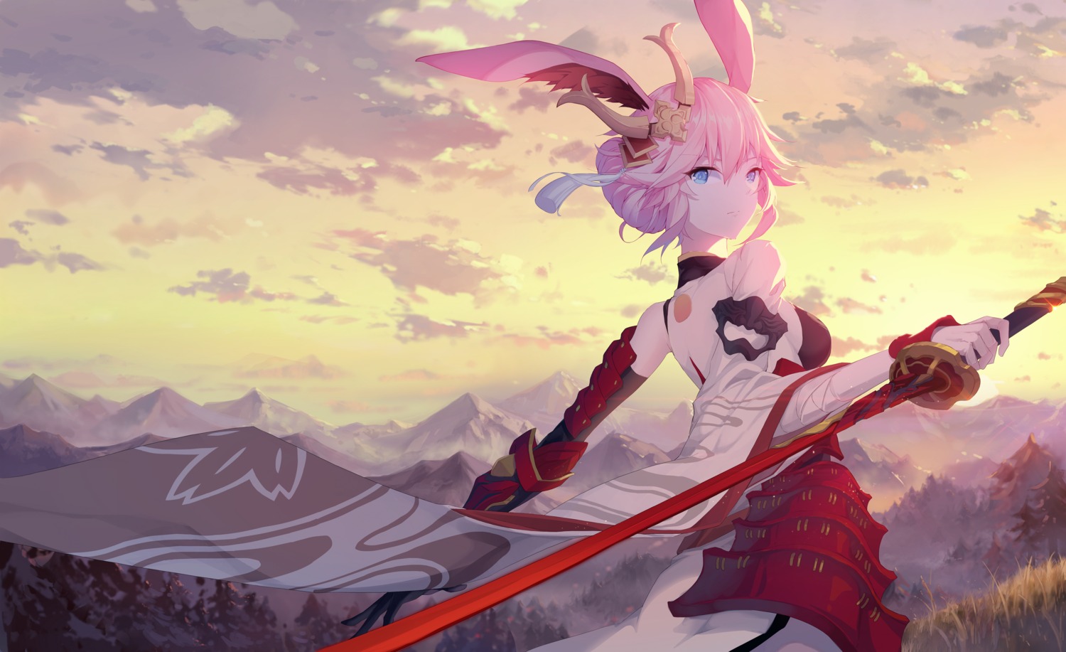 animal_ears armor bandages benghuai_xueyuan bunny_ears cass384 honkai_impact japanese_clothes sword yae_sakura_(benghuai_xueyuan)