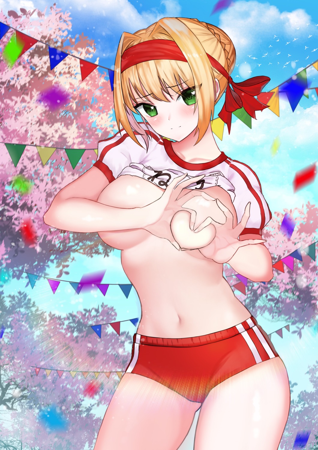 breast_hold breasts buruma fate/grand_order gym_uniform mergerri no_bra saber_extra shirt_lift