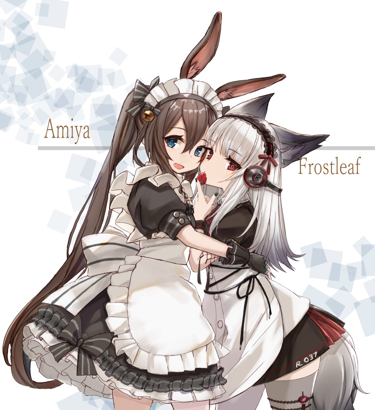 amiya_(arknights) animal_ears arknights bunny_ears frostleaf_(arknights) garter headphones maid sokosoko_fuan tail thighhighs yuri