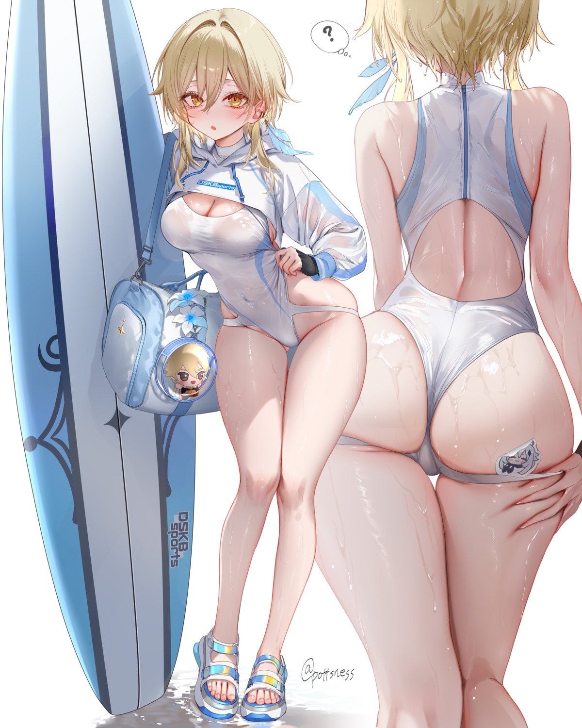 aether ass chibi genshin_impact lumine pottsness see_through swimsuits wet wet_clothes