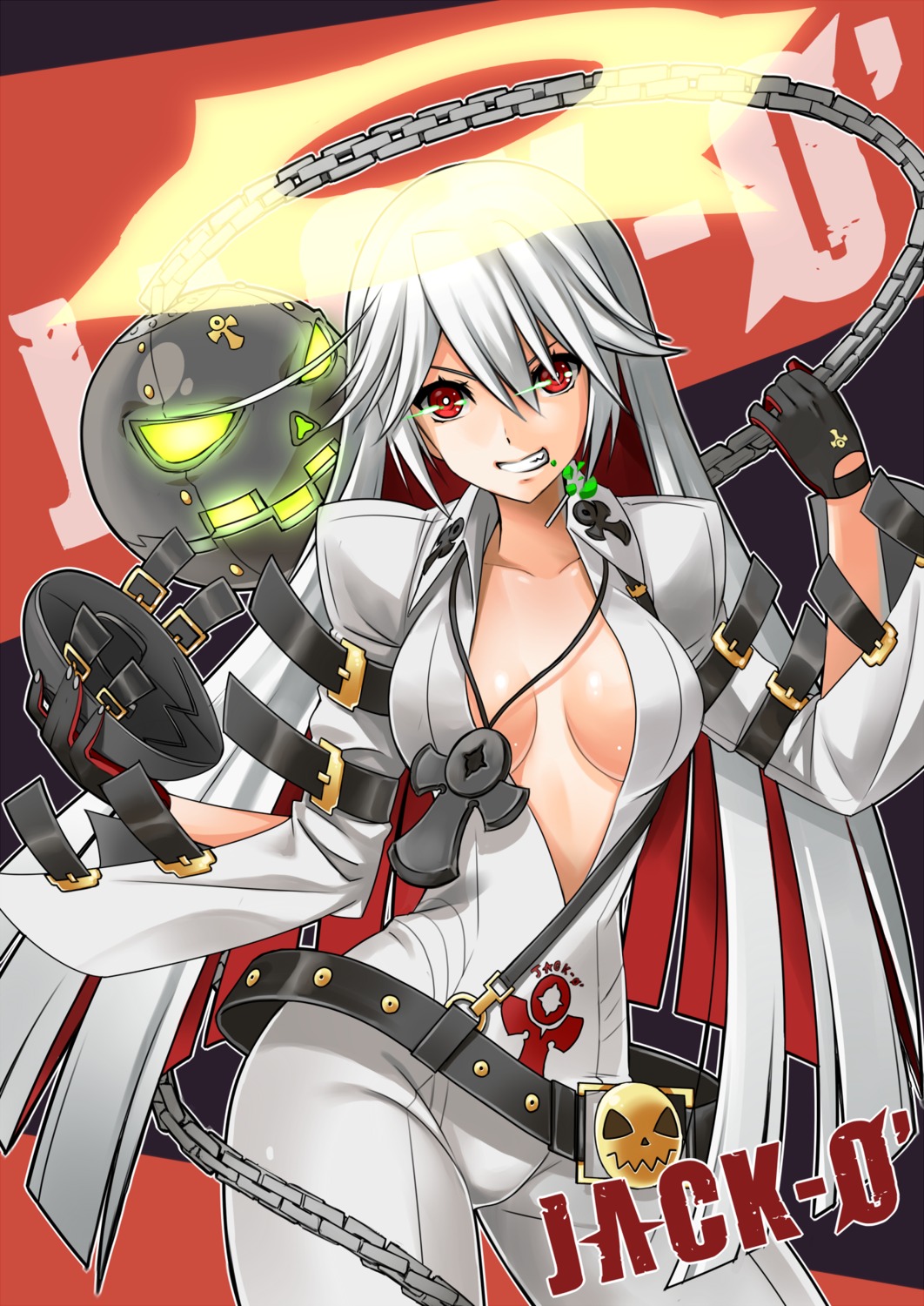 bodysuit cleavage emicii guilty_gear_xrd jack-o no_bra open_shirt