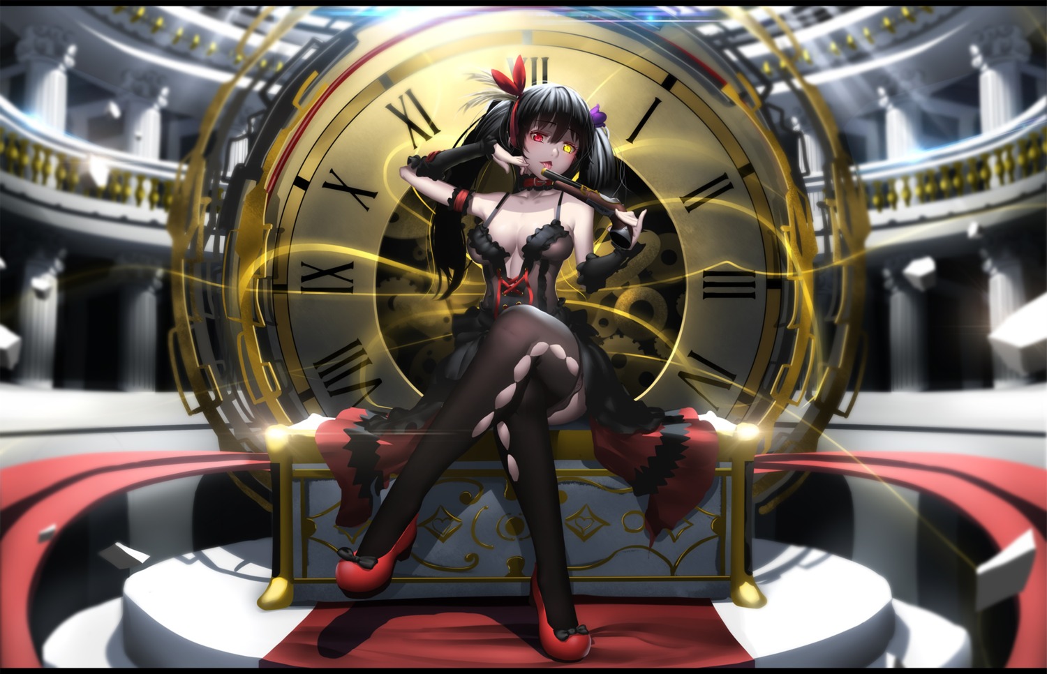 cleavage date_a_live dress gun heels heterochromia hk_(hk) no_bra thighhighs tokisaki_kurumi