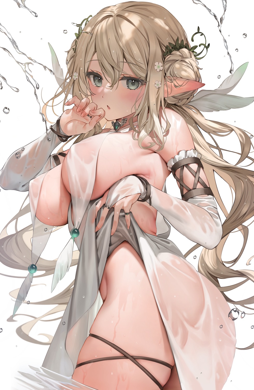 ass elf erect_nipples garter no_bra nopan paseri pointy_ears see_through skirt_lift undressing wet wet_clothes