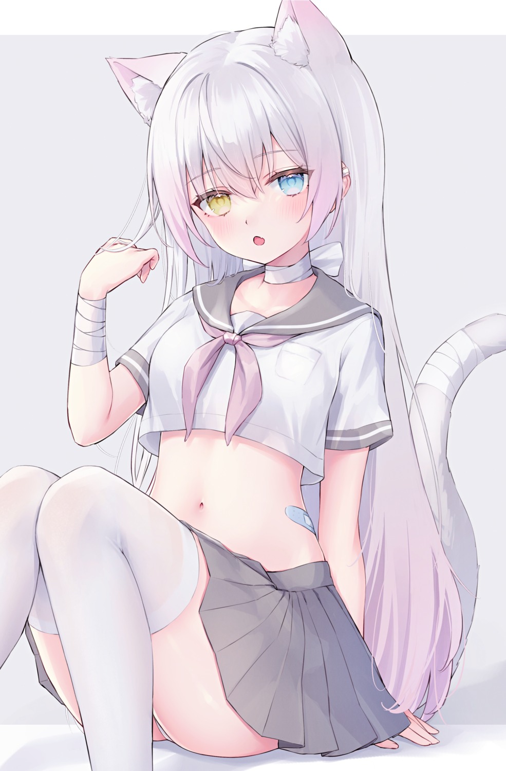 animal_ears bandages bandaid heterochromia nekomimi pantsu seifuku shano_hiyori skirt_lift tail thighhighs