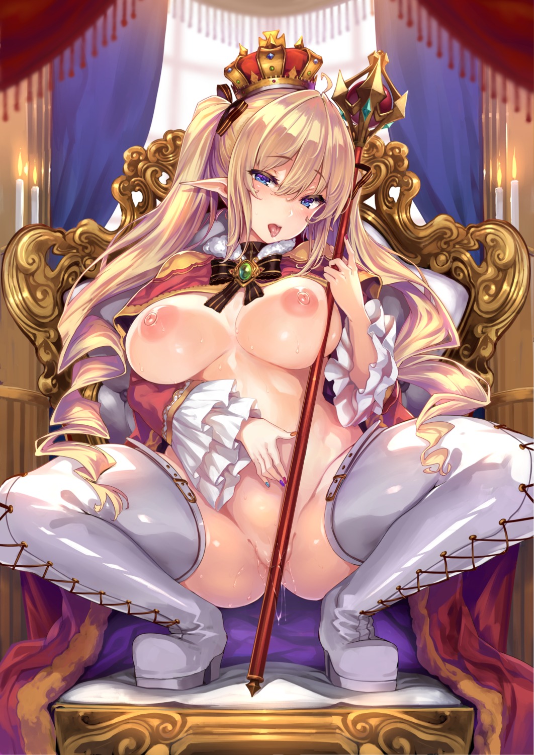 heels naked_cape nipples pointy_ears pussy_juice shiokonbu thighhighs weapon