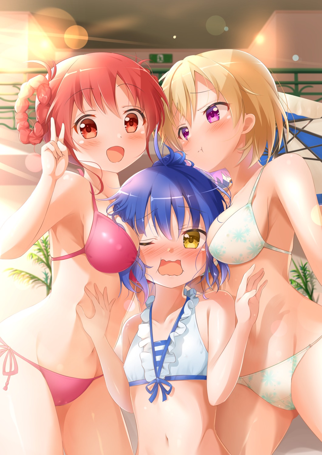 bikini gochuumon_wa_usagi_desu_ka? jinja_natsume jouga_maya loli mika_miche natsu_megumi swimsuits yuri