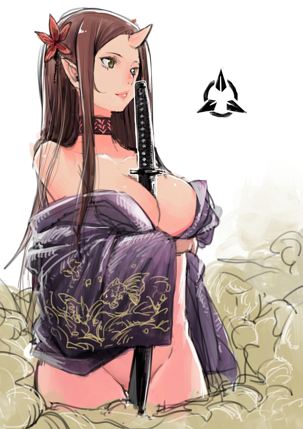 cleavage horns kimono no_bra nopan open_shirt pointy_ears shiro_shougun sketch sword