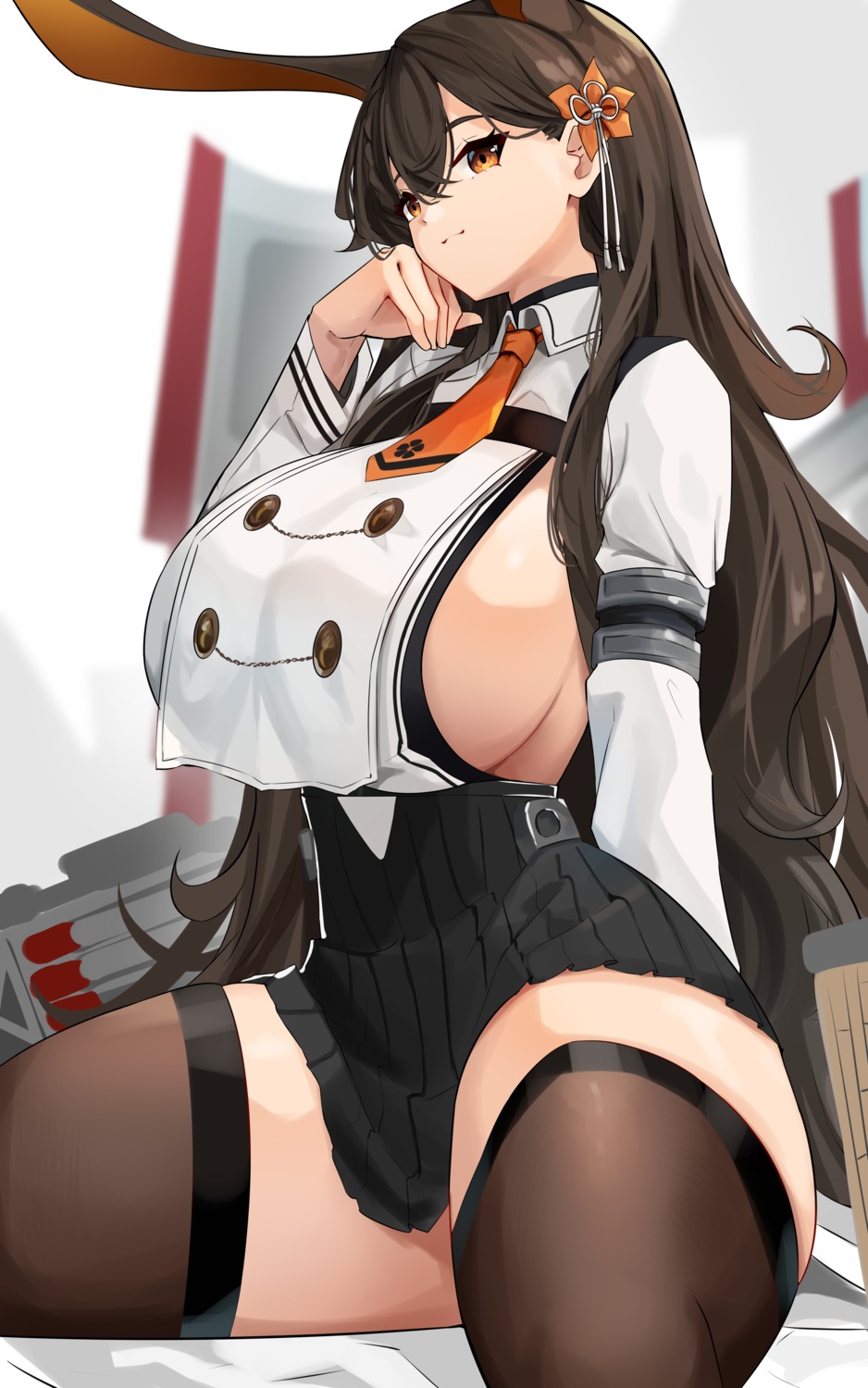 animal_ears azur_lane bunny_ears chikuma_(azur_lane) cromwellb no_bra skirt_lift thighhighs