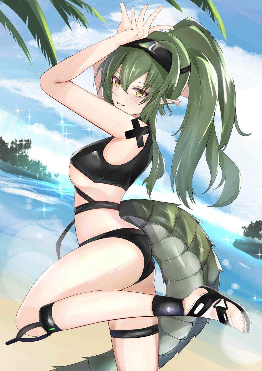 arknights ass bikini depayama_(depaty) garter gavial_(arknights) pointy_ears swimsuits tail