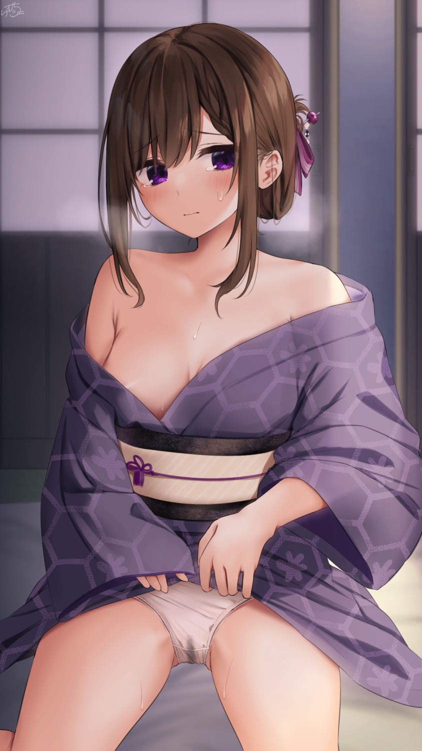 areola kimono no_bra open_shirt pantsu pussy_juice ramchi skirt_lift