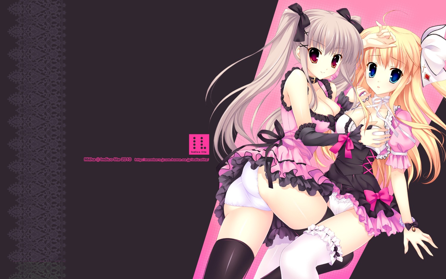 breast_grab cleavage indico_lite mitha pantsu thighhighs wallpaper yuri