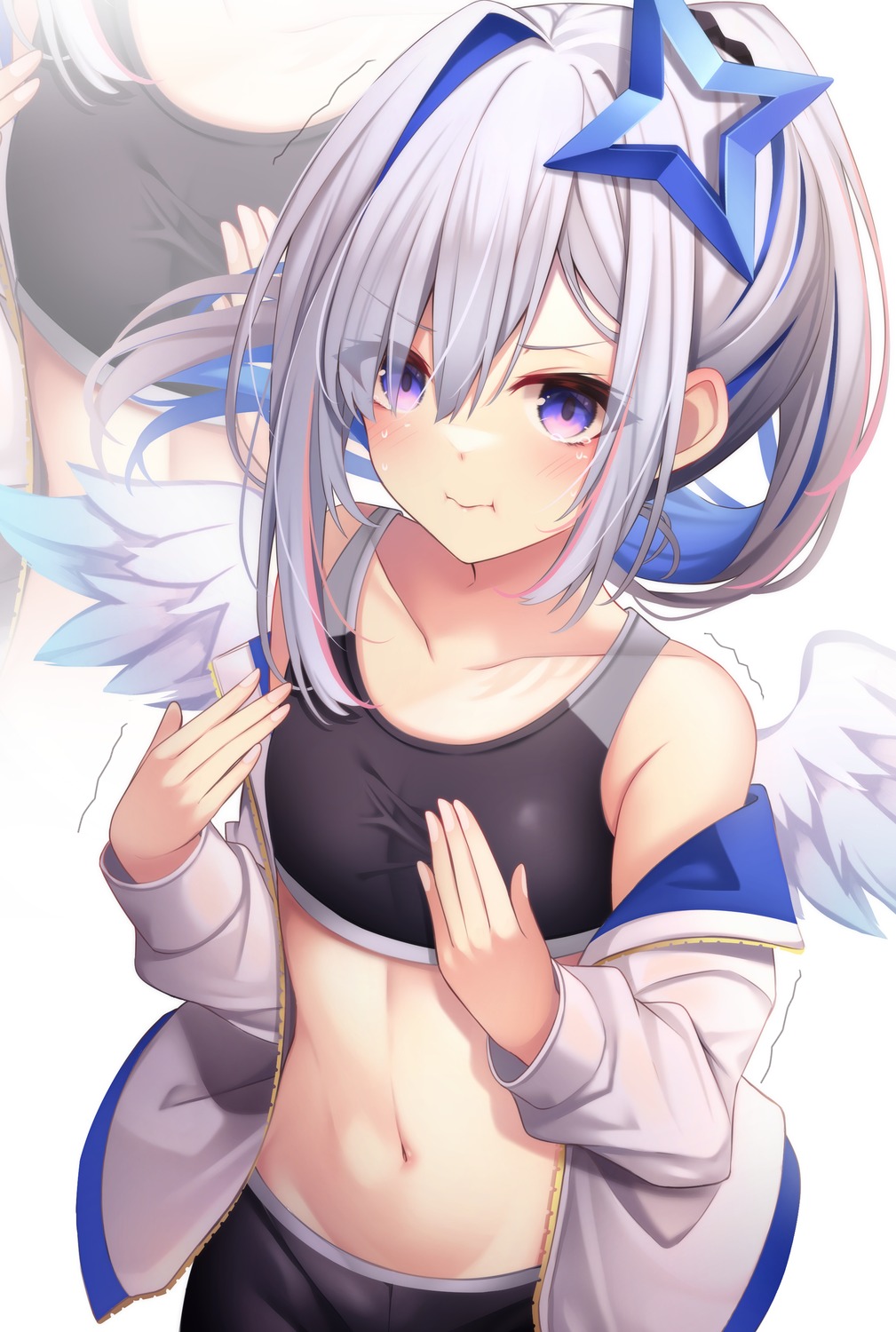 amane_kanata angel bra gym_uniform hololive open_shirt tsukasa0719 wings