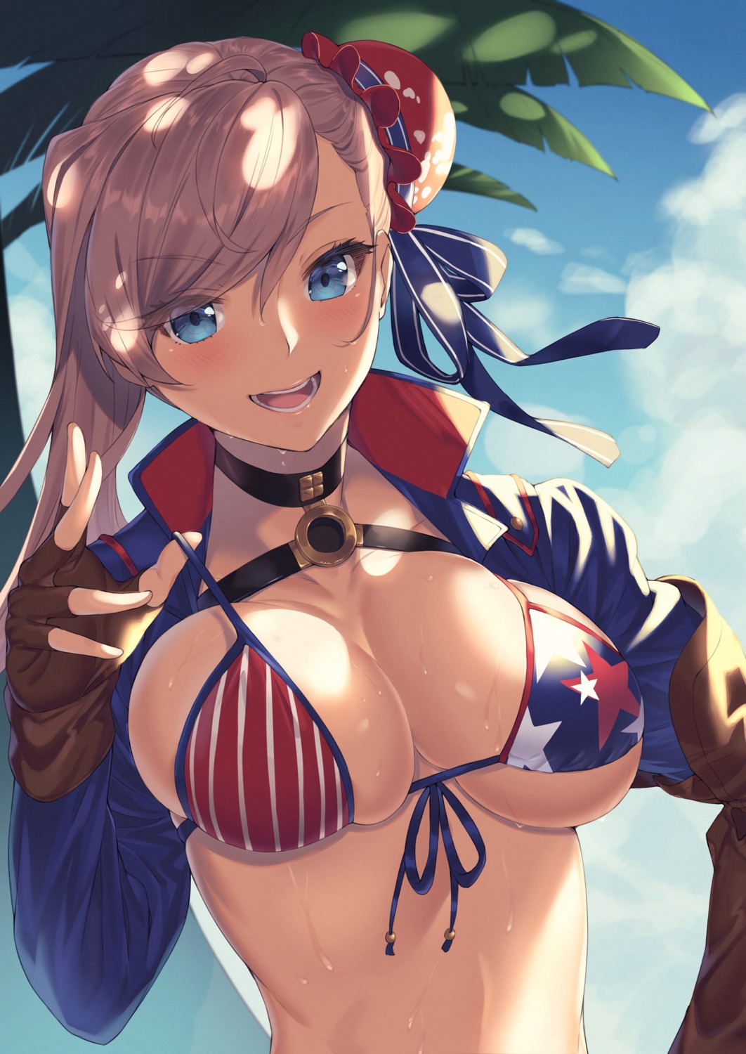 bikini_top cleavage fate/grand_order joker_(tomakin524) miyamoto_musashi_(fate/grand_order) swimsuits wet