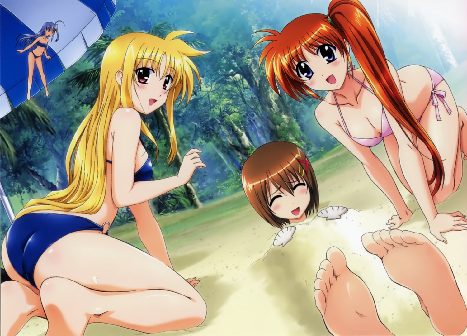 bikini fate_testarossa feet mahou_shoujo_lyrical_nanoha mahou_shoujo_lyrical_nanoha_strikers okuda_yasuhiro reinforce_zwei swimsuits takamachi_nanoha yagami_hayate