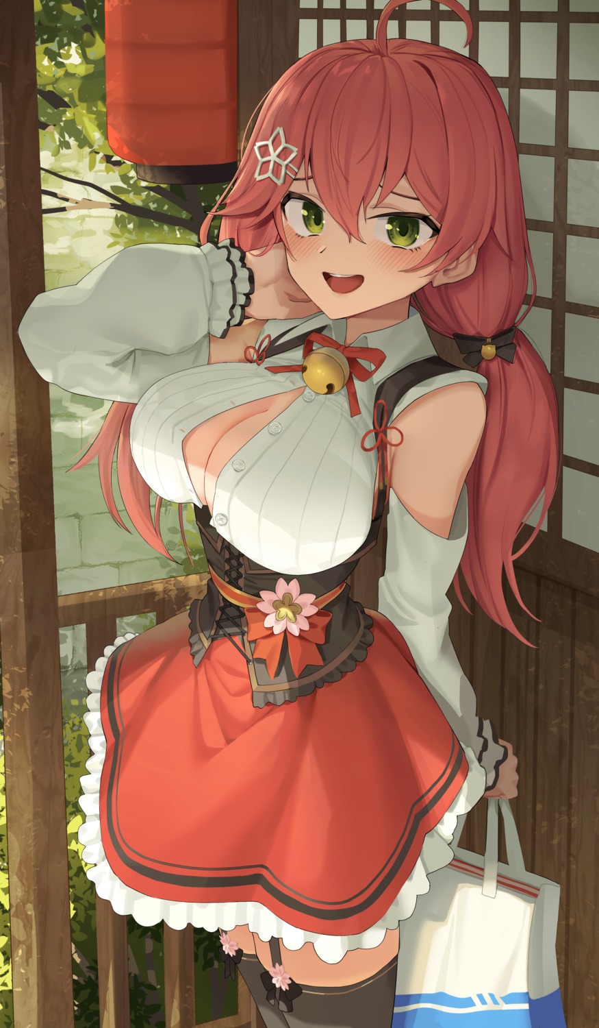 cleavage goback hololive no_bra open_shirt sakura_miko stockings thighhighs wardrobe_malfunction