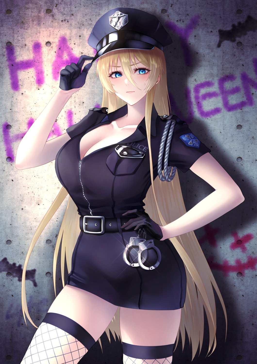 azur_lane bismarck_(azur_lane) cleavage cramcell fishnets open_shirt police_uniform thighhighs