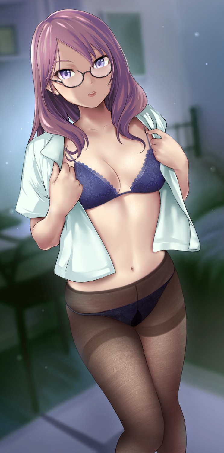 artist_revision bra breast_hold cleavage hanamasa_ono megane open_shirt pantsu pantyhose the_idolm@ster the_idolm@ster_cinderella_girls undressing yagami_makino