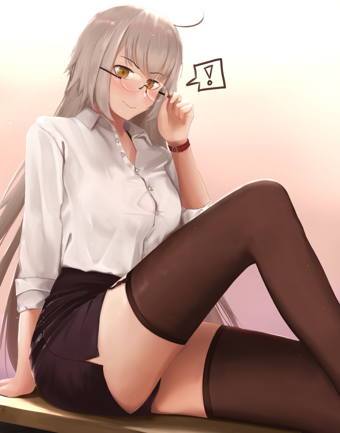 dress_shirt eko.art fate/grand_order jeanne_d'arc jeanne_d'arc_(alter)_(fate) megane stockings thighhighs