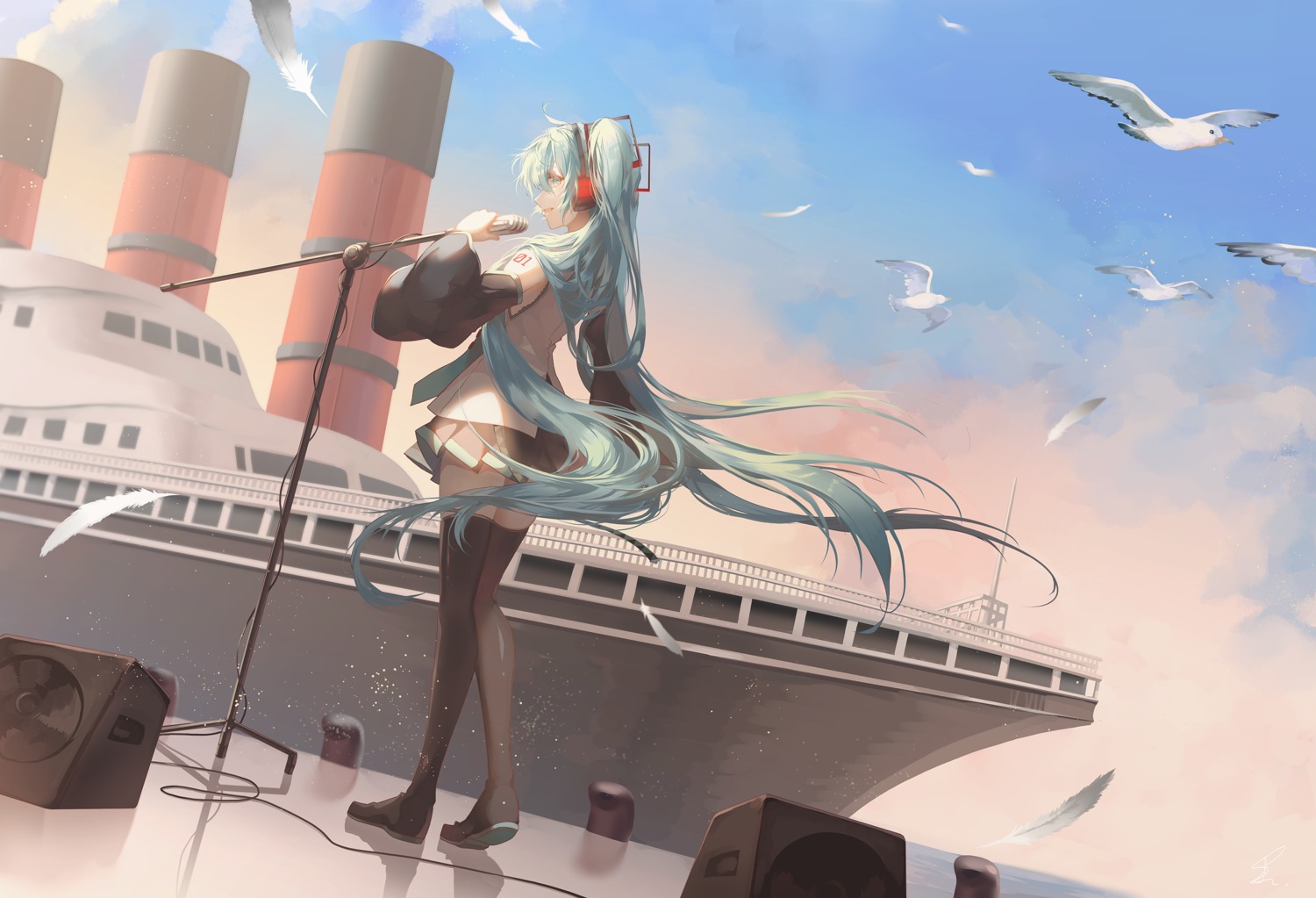 hatsune_miku headphones saihate tattoo thighhighs vocaloid