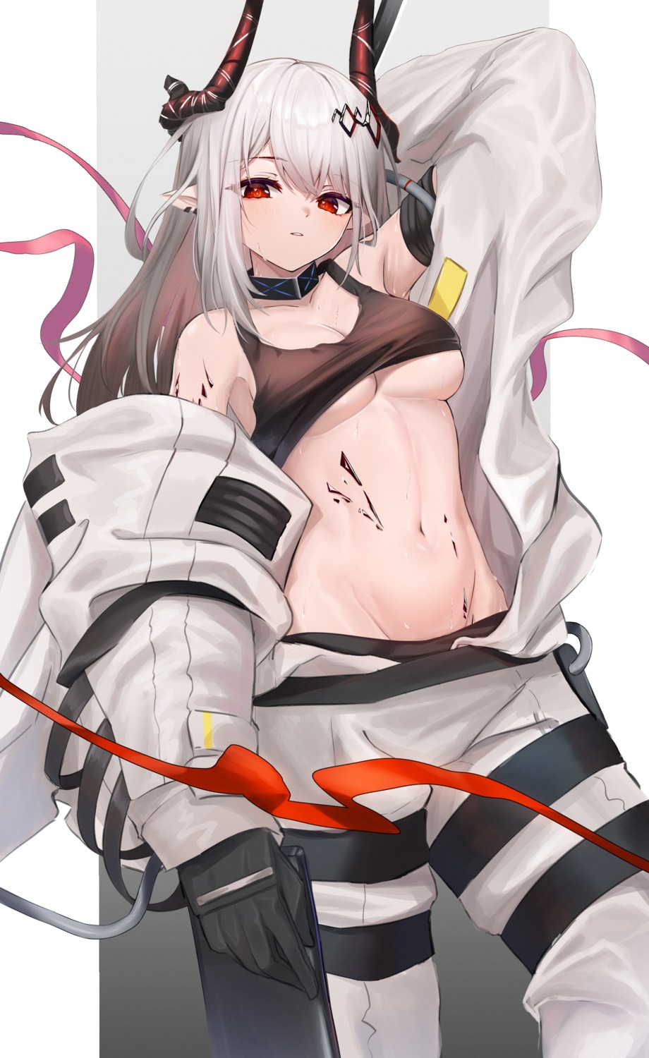 arknights garter horns kuki_panda_(wkdwnsgk13) mudrock_(arknights) no_bra nopan pointy_ears shirt_lift