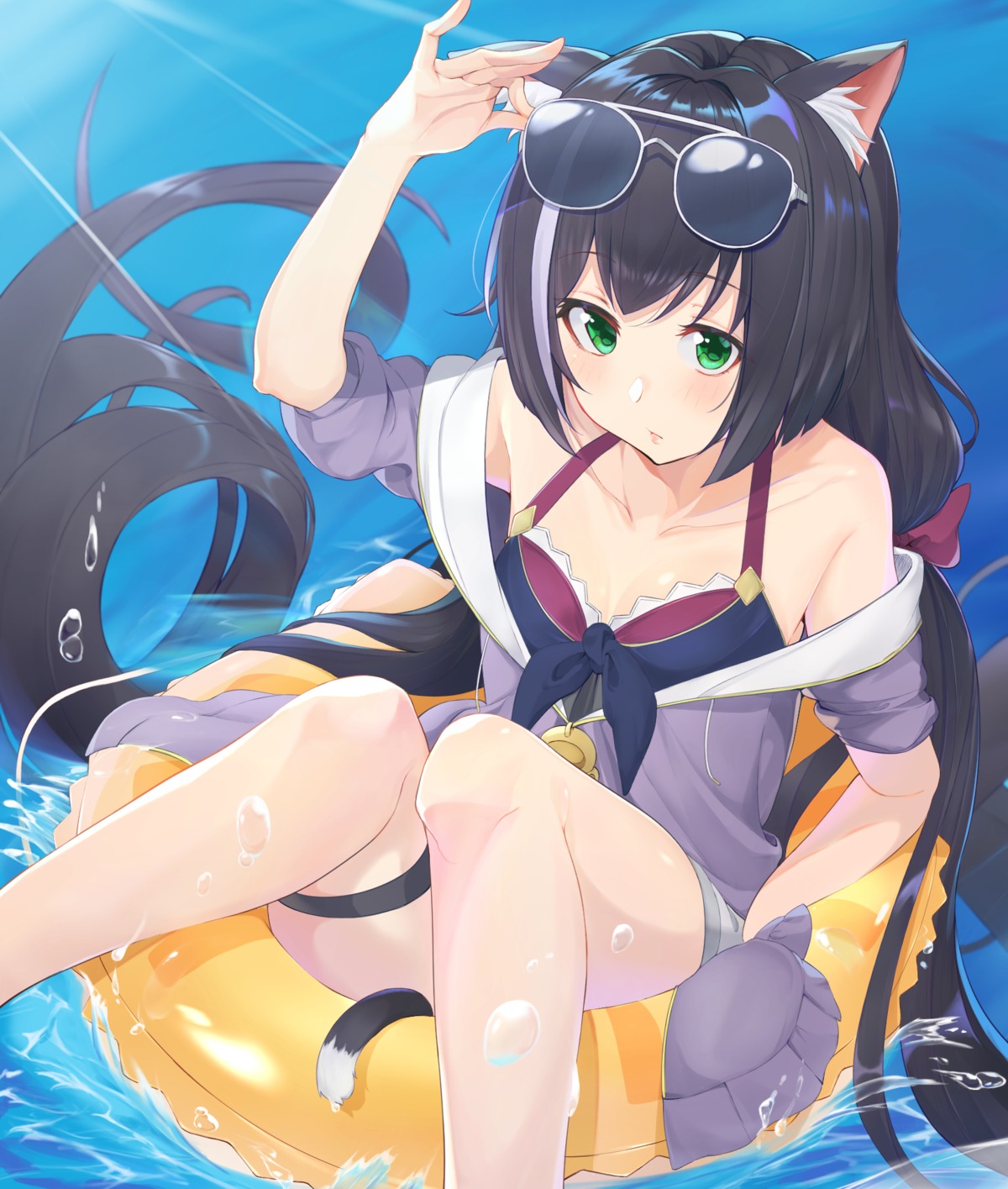 animal_ears bikini_top cleavage garter karyl_(princess_connect) megane open_shirt princess_connect princess_connect!_re:dive shimon_(31426784) swimsuits tail wet