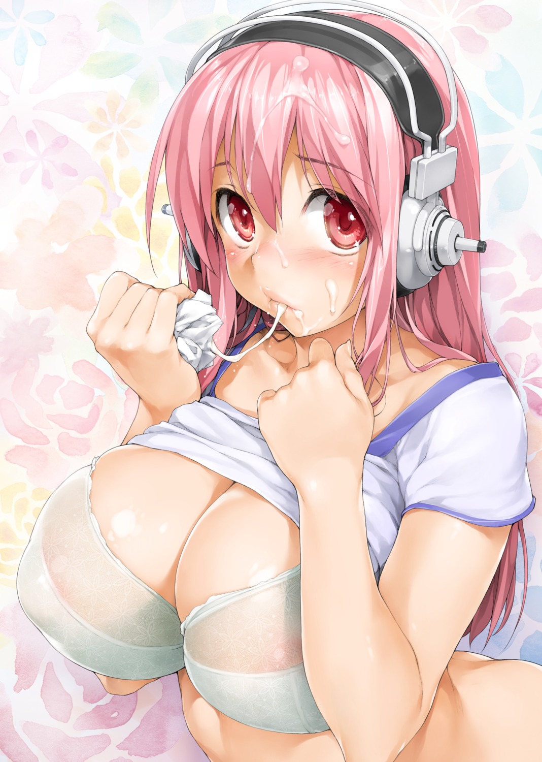 areola bottomless bra breast_hold cum headphones ishikei see_through shirt_lift sonico super_sonico
