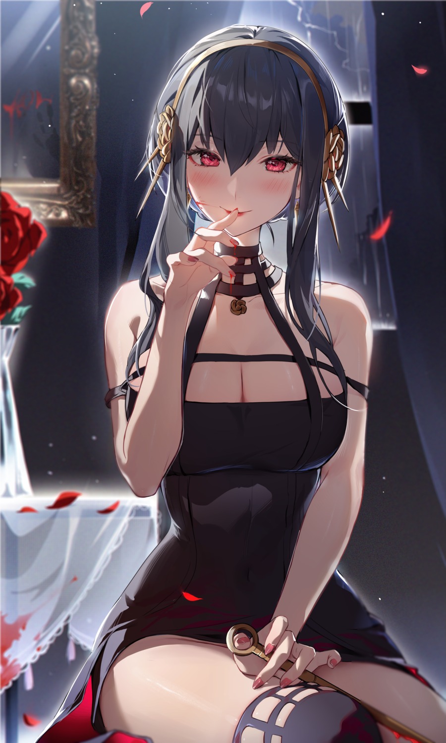 blood cleavage dress houkisei no_bra spy_x_family thighhighs weapon yor_briar