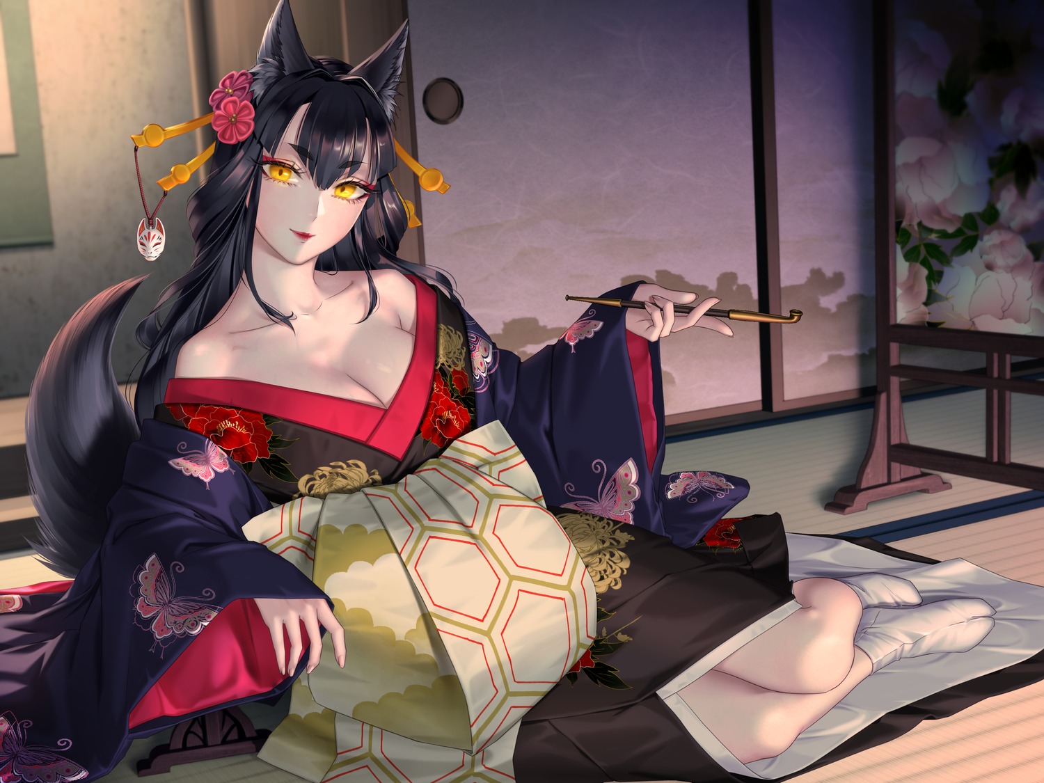 animal_ears kimono kitsune no_bra open_shirt ryuki tail