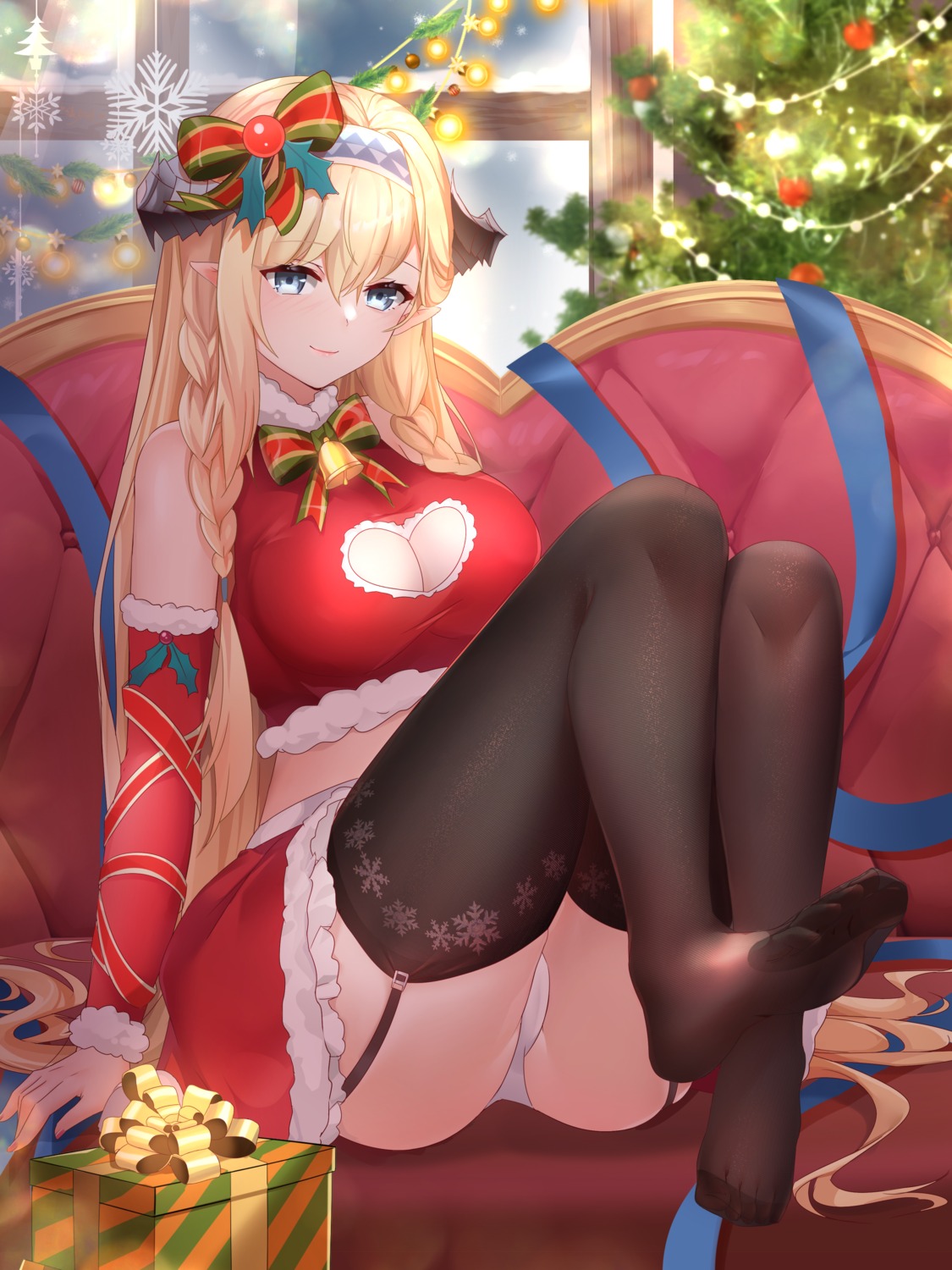 arknights cameltoe christmas cleavage feet lingshalan pantsu pointy_ears possible_duplicate saileach_(arknights) skirt_lift stockings thighhighs