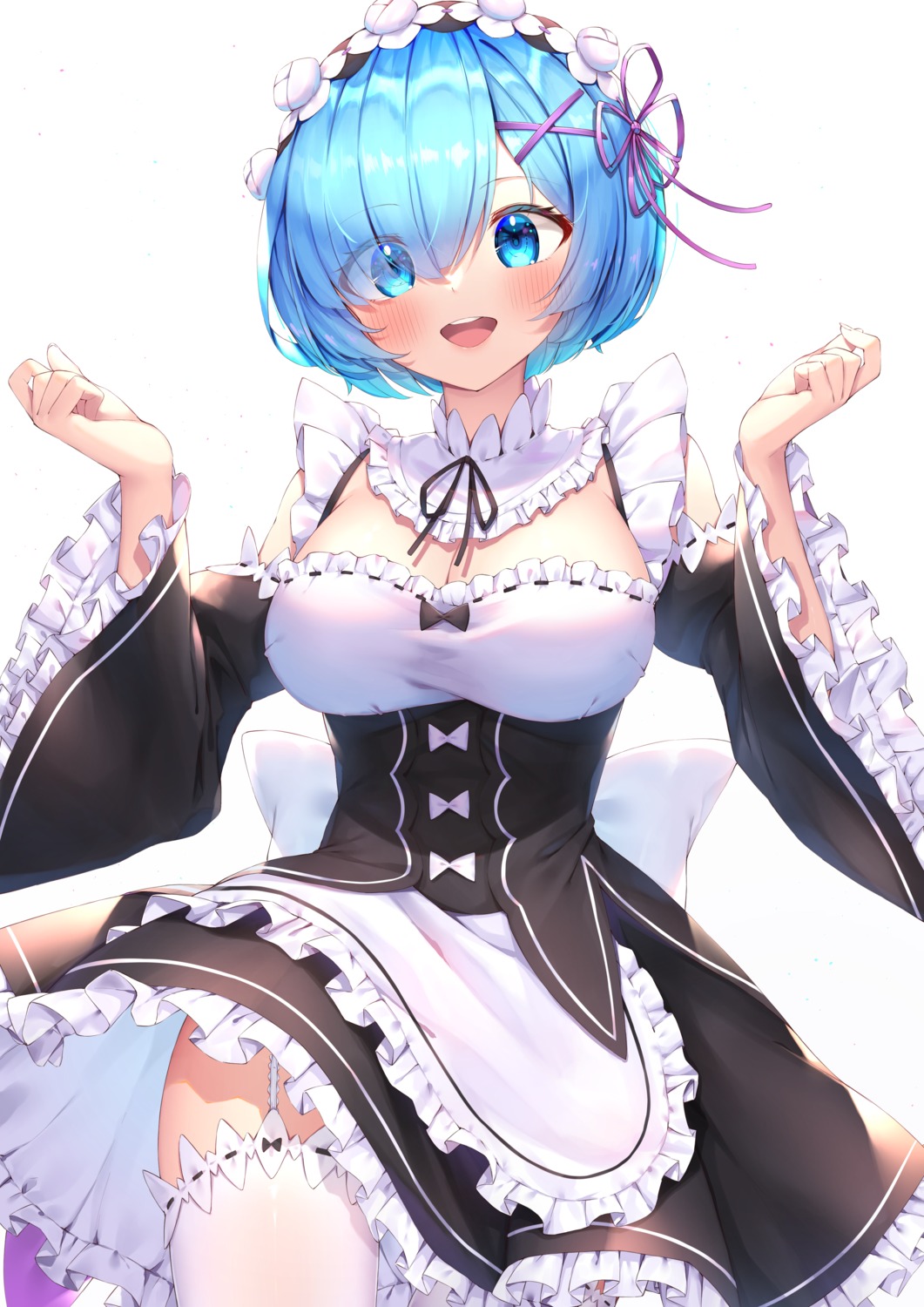 cleavage maid niyun_(n_niyu) re_zero_kara_hajimeru_isekai_seikatsu rem_(re_zero) skirt_lift stockings thighhighs