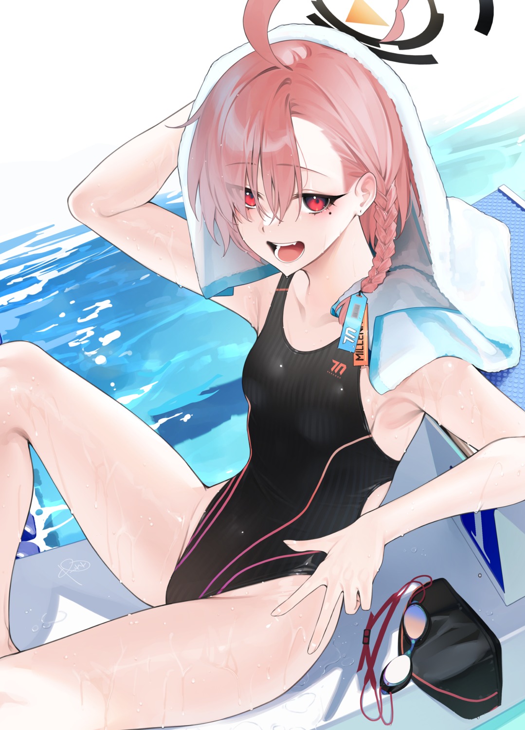 blue_archive halo mikamo_neru rerrere swimsuits towel wet