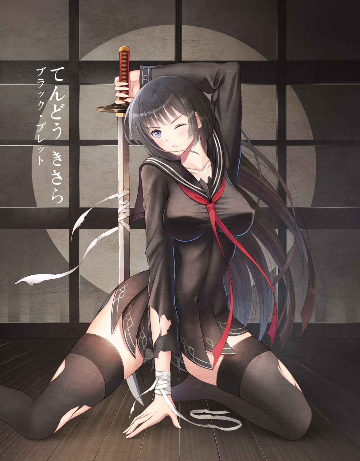 bandages black_bullet erect_nipples ltt_challenger seifuku sword tendou_kisara thighhighs torn_clothes