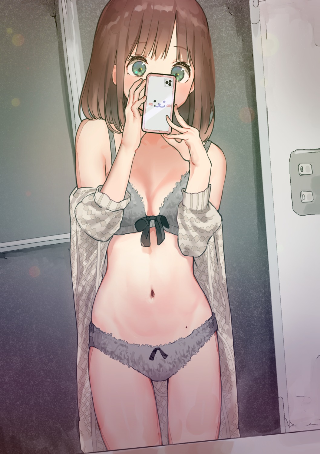 bra mashiro_kta open_shirt pantsu selfie sweater