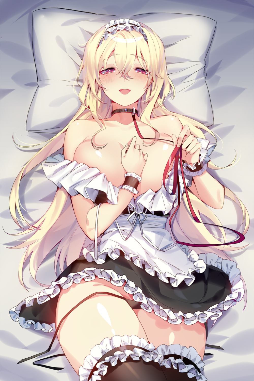 breast_hold breasts maid mendou_kusai no_bra open_shirt pantsu panty_pull skirt_lift string_panties thighhighs