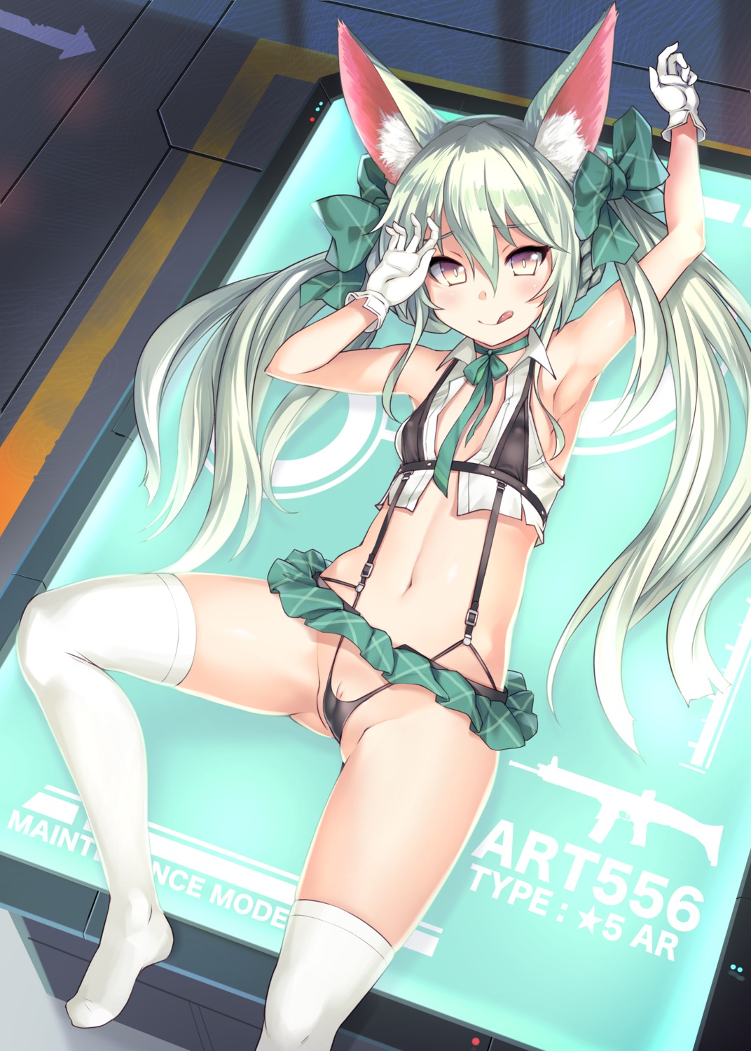 animal_ears art556_(girls_frontline) bosshi cameltoe erect_nipples girls_frontline kitsune loli no_bra pantsu pussy skirt_lift thighhighs thong uncensored