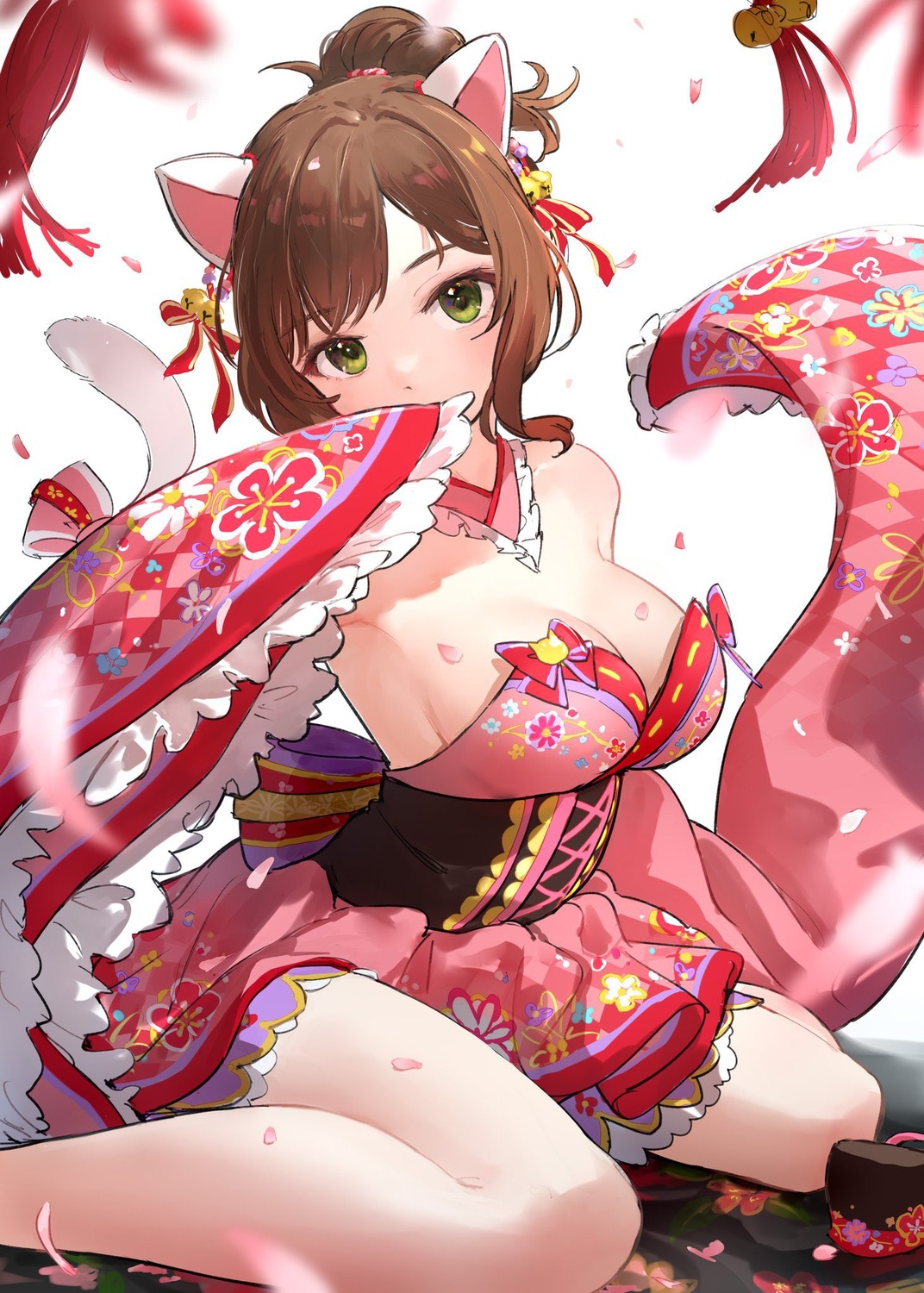 animal_ears dress japanese_clothes maekawa_miku nekomimi no_bra tail takeya_y0615 the_idolm@ster the_idolm@ster_cinderella_girls