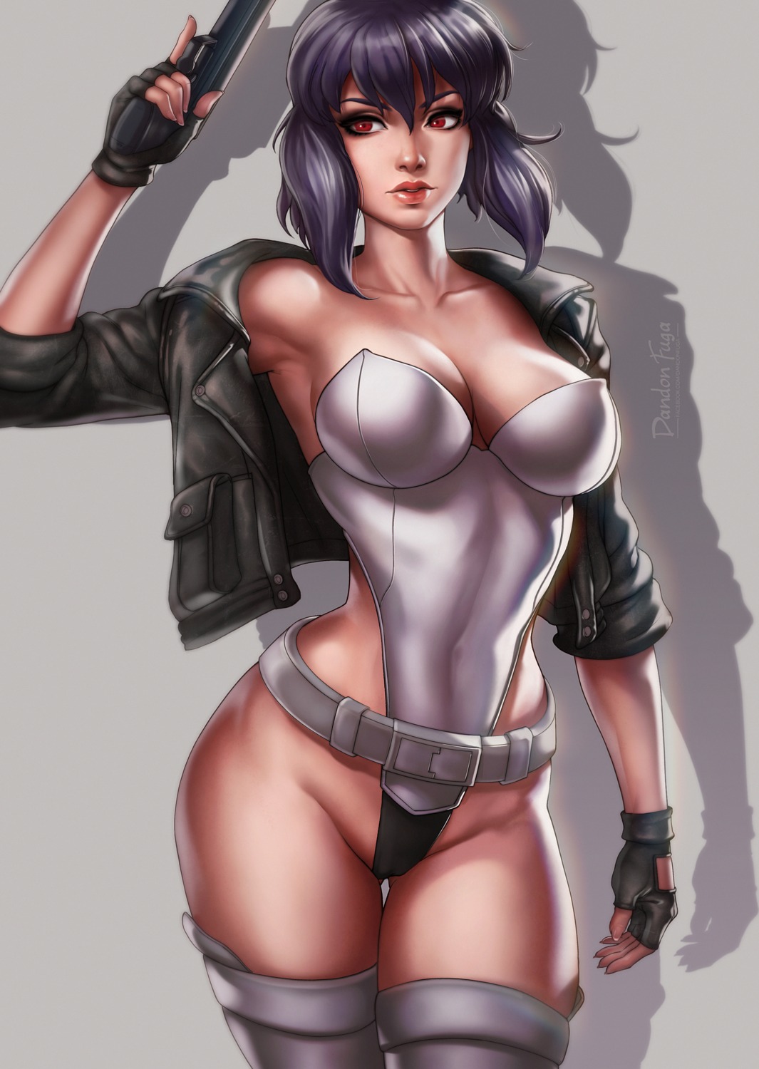 cameltoe dandon_fuga ghost_in_the_shell gun kusanagi_motoko leotard open_shirt thighhighs