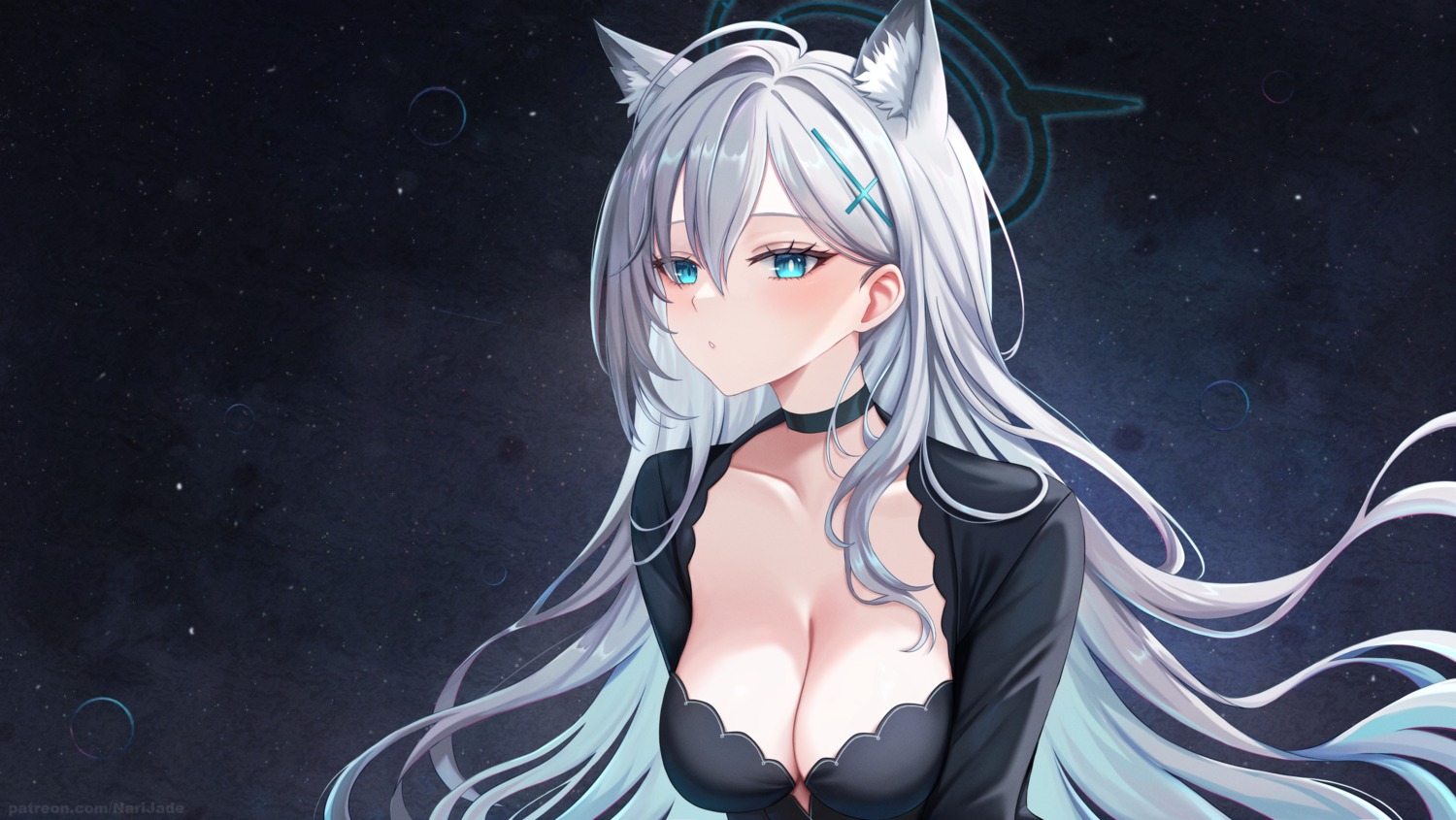 animal_ears blue_archive dress halo narijade nekomimi no_bra shiroko_terror sunaookami_shiroko