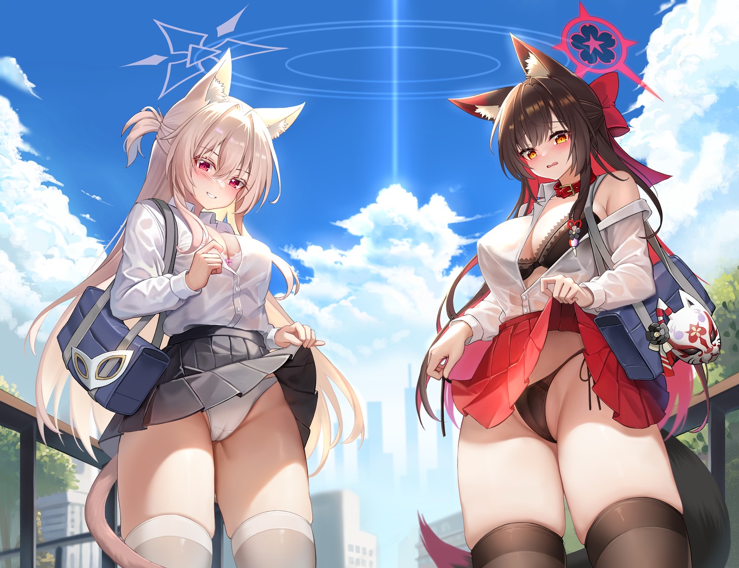 animal_ears blue_archive bra cameltoe halo kitsune kiyosumi_akira kosaka_wakamo nekomimi open_shirt pantsu see_through seifuku skirt_lift string_panties tail thighhighs thong tun_chicken