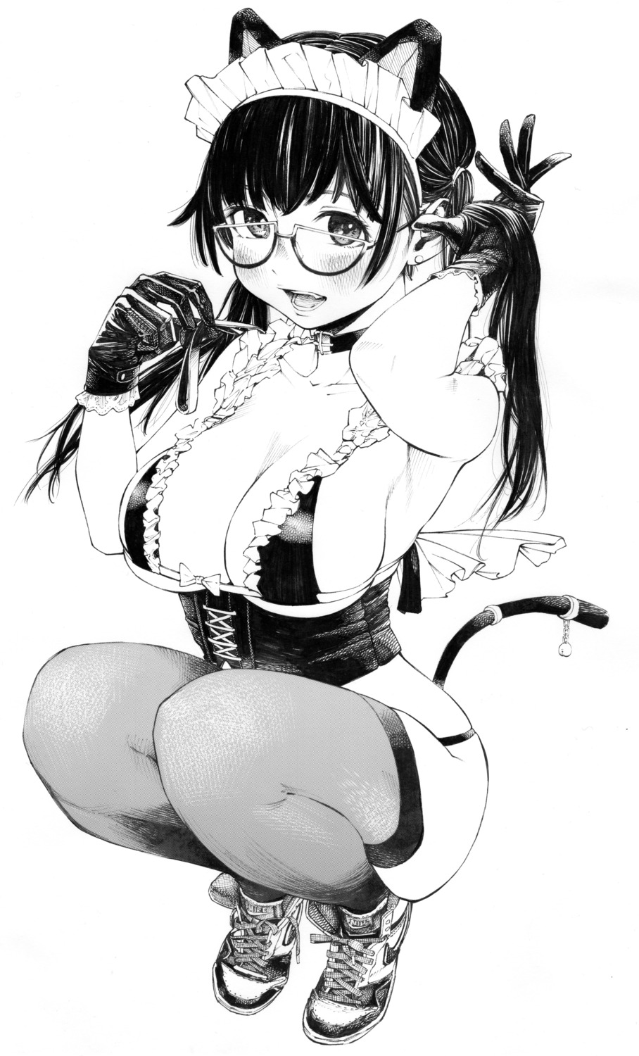 animal_ears bra cleavage gagaimo maid megane monochrome nekomimi pantsu tail thighhighs