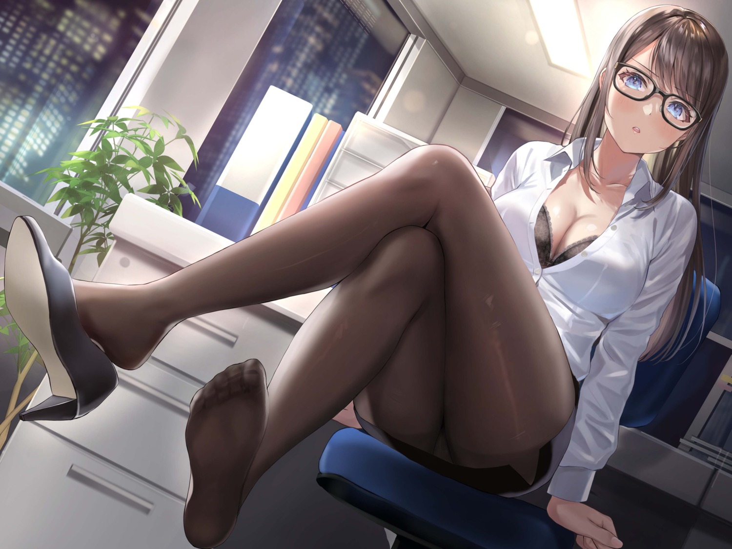 bra cleavage dress_shirt feet heels megane open_shirt pantsu pantyhose sakamuke skirt_lift