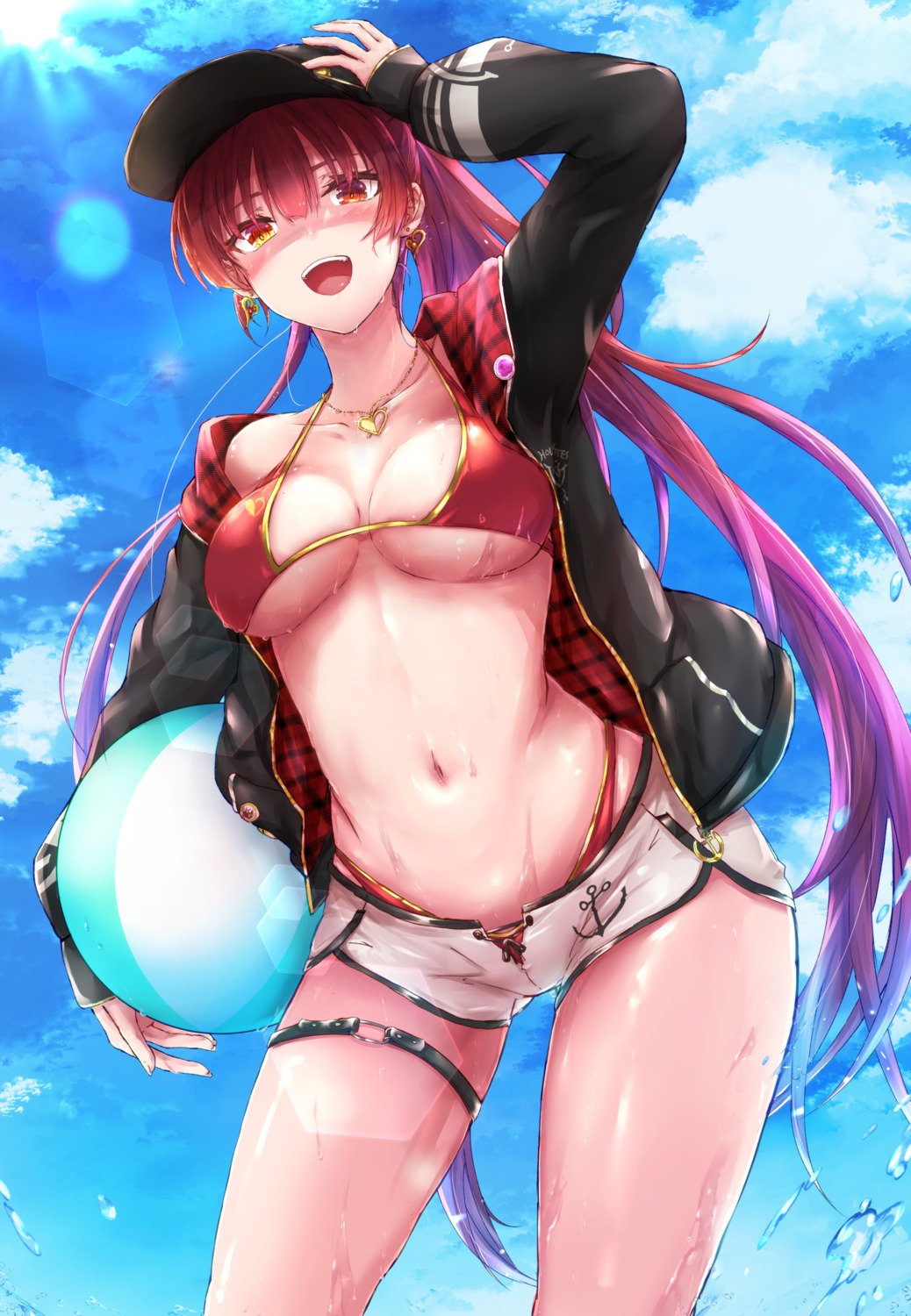 bikini garter heterochromia hololive houshou_marine kono_ya open_shirt swimsuits wet