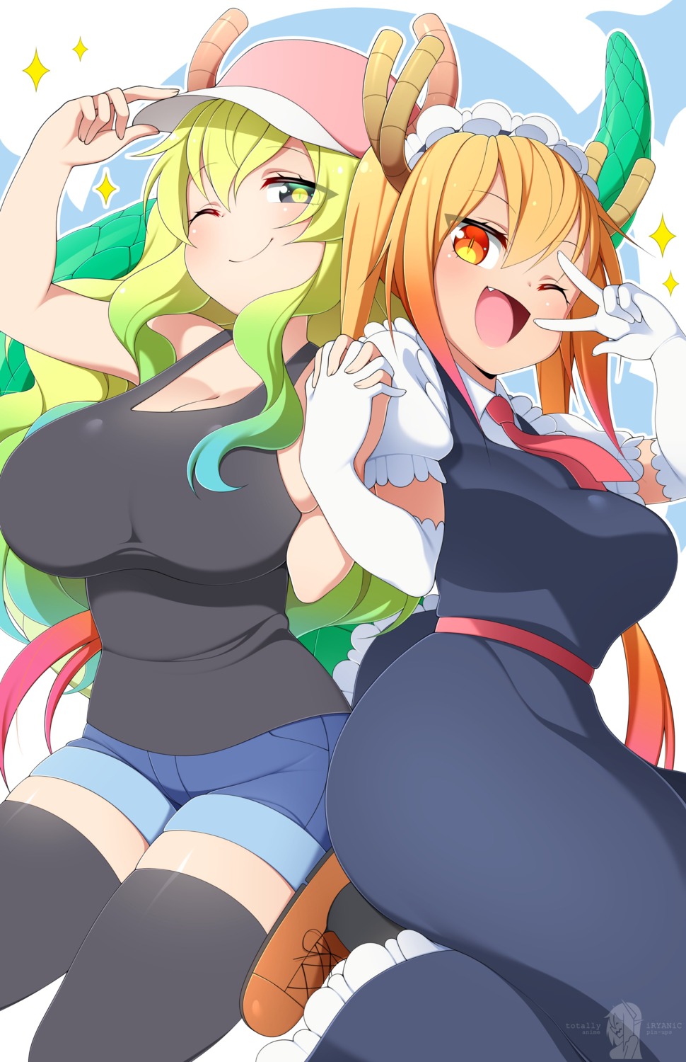 horns iryanic kobayashi-san_chi_no_maidragon maid no_bra quetzalcoatl_(maidragon) tail thighhighs tooru_(maidragon)