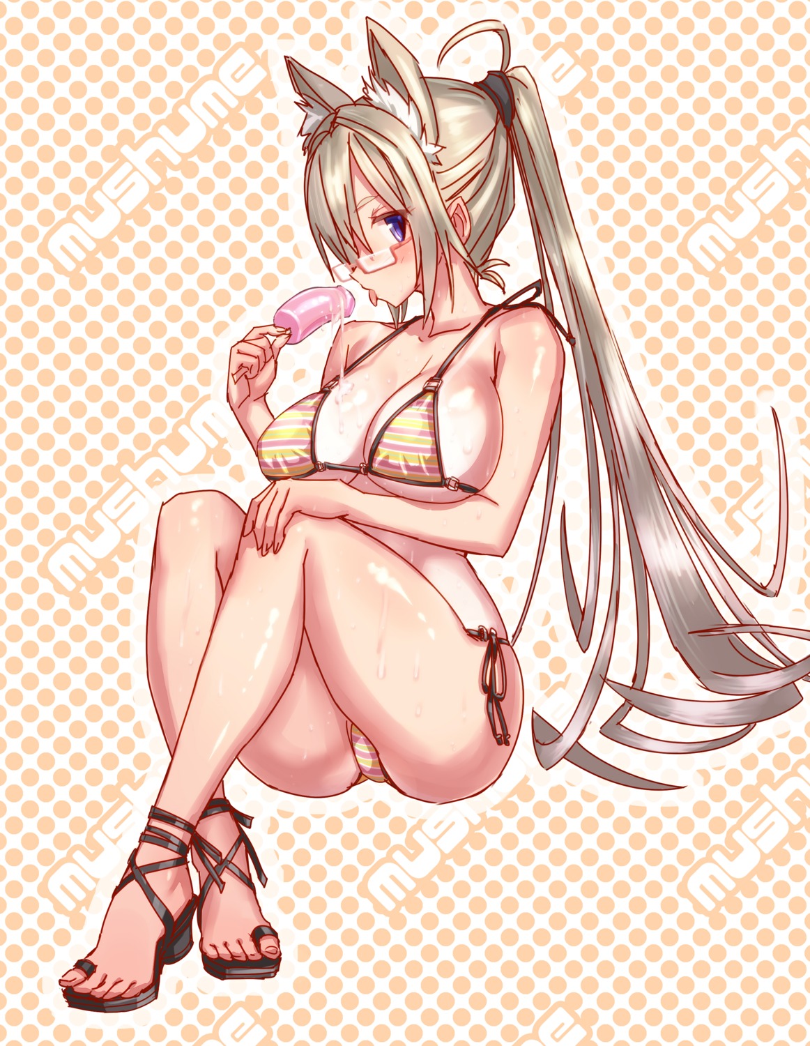 animal_ears bikini cream emil_chronicle_online megane serizawa_(knight2020) swimsuits tan_lines