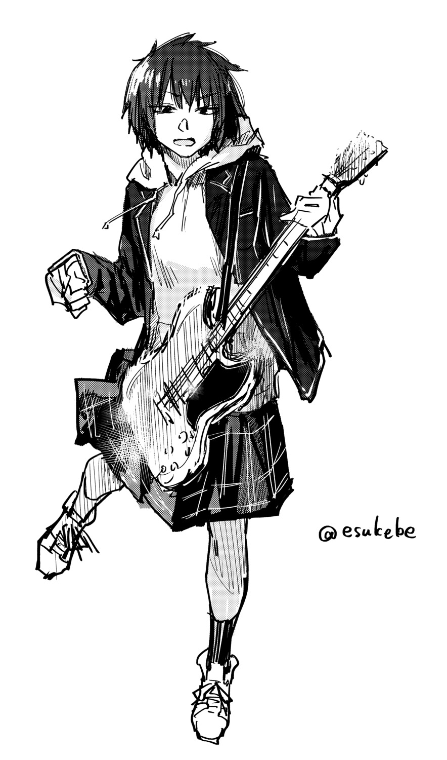 esuke guitar monochrome seifuku sketch